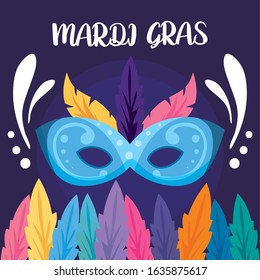 Mardi gras mask with feathers design, Party carnival decoration celebration festival holiday fun new orleans and traditional theme Vector illustration