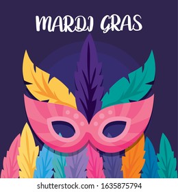 Mardi gras mask with feathers design, Party carnival decoration celebration festival holiday fun new orleans and traditional theme Vector illustration