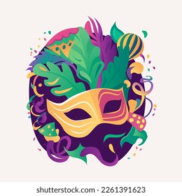 Mardi gras. Mask with feathers, festival bright colours. Icon, clipart for website, holiday, travel, festival application. Mardi gras party invitation. Vector flat illustration, cartoon style.