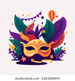 Mardi gras. Máscara con plumas, colores brillantes del festival. Icono, clipart para sitio web, vacaciones, viajes, solicitud de festival. Invitación de Mardi gras. Ilustración plana vectorial, estilo de dibujos animados.