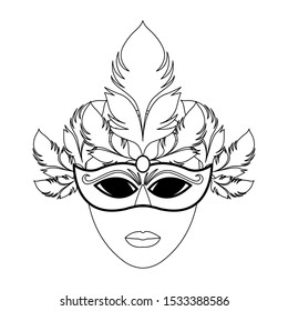 Mardi gras mask with feathers icon over white background, vector illustration