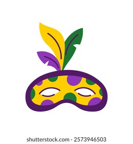 Mardi Gras Mask with feathers Icon. Festive masquerade design element with traditional purple green yellow colors. Vector illustration.