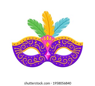 Mardi Gras mask with feathers isolated on white background. Vector flat illustration.