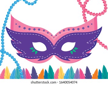 Mardi Gras mask with feathers and necklaces design. Party carnival decoration celebration festival holiday fun New Orleans and traditional theme. Vector illustration.