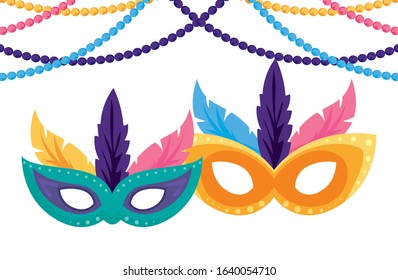 Mardi Gras mask and feathers, necklaces design. Party carnival decoration celebration festival holiday fun New Orleans and traditional theme. Vector illustration.