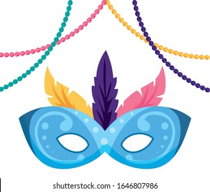 Mardi gras mask with feathers and necklaces design, Party carnival decoration celebration festival holiday fun new orleans and traditional theme Vector illustration