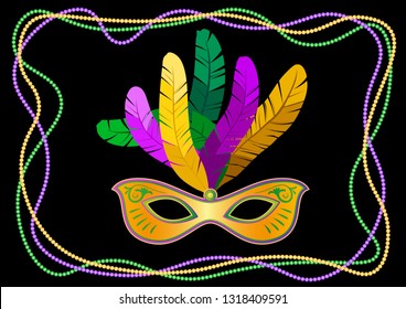 Mardi Gras mask with feathers on a colored bead frame. Vector illustration EPS10.
