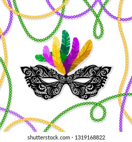 Mardi Gras mask with feathers on a colored bead frame. Vector illustration EPS10.