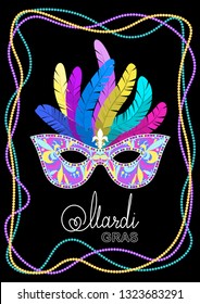 Mardi Gras mask with feathers on a colored bead frame on black background. Vector illustration EPS10.