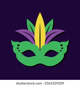 mardi gras mask with feathers, vector design element on a dark purple background,