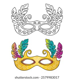 Mardi Gras mask with feathers. Vector illustration isolated on white background.