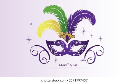 Mardi gras mask with feathers in violet, green and yellow colors