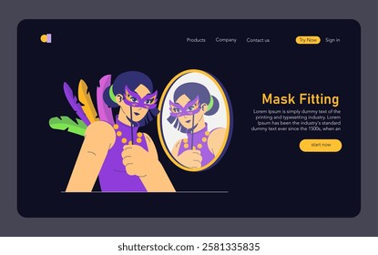 Mardi Gras mask fitting scene. A character prepares for celebration with a colorful mask and vibrant accessories. The atmosphere reflects joy and excitement of festivities. It showcases traditional