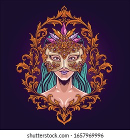 mardi gras mask and girl illustration