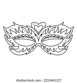 Mardi gras mask in hand drawn doodle style. Carnival element. Coloring page vector illustration.