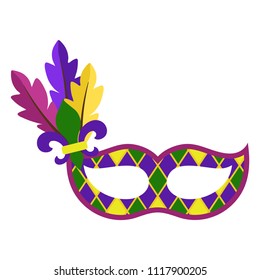 Mardi Gras Mask - Mardi Gras mask with harlequin pattern, fleur de lis, and feathers off to the side isolated on white background