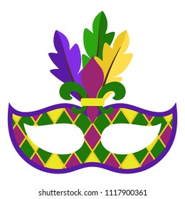 Mardi Gras Mask - Mardi Gras mask with harlequin pattern, fleur de lis, and feathers centered isolated on white background