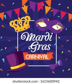 Mardi gras mask hat and crown design, Party carnival decoration celebration festival holiday fun new orleans and traditional theme Vector illustration