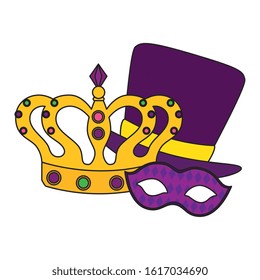 Mardi gras mask hat and crown design, Party carnival decoration celebration festival holiday fun new orleans and traditional theme Vector illustration