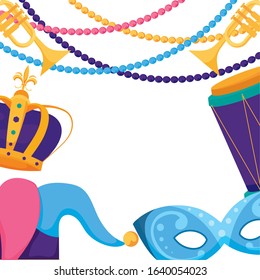 Mardi Gras mask hat crown drum and trumpets design. Party carnival decoration celebration festival holiday fun New Orleans and traditional theme. Vector illustration.