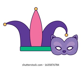 Mardi gras mask and hat design, Party carnival decoration celebration festival holiday fun new orleans and traditional theme Vector illustration