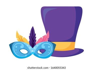 Mardi gras mask and hat design. Party carnival decoration celebration festival holiday fun New Orleans and traditional theme. Vector illustration.