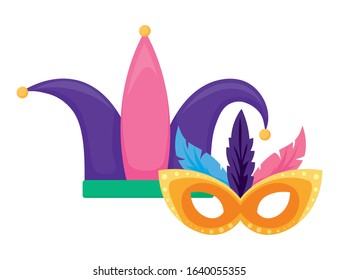 Mardi Gras mask and hat design. Party carnival decoration celebration festival holiday fun New Orleans and traditional theme. Vector illustration.