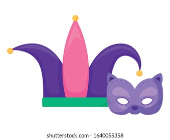 Mardi Gras mask and hat design. Party carnival decoration celebration festival holiday fun New Orleans and traditional theme. Vector illustration.