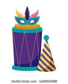 Mardi Gras mask hat and drum design. Party carnival decoration celebration festival holiday fun New Orleans and traditional theme. Vector illustration.