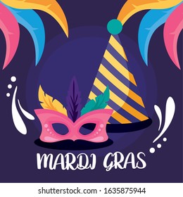 Mardi gras mask and hat with feathers design, Party carnival decoration celebration festival holiday fun new orleans and traditional theme Vector illustration