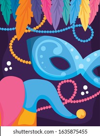 Mardi gras mask and hat with necklaces design, Party carnival decoration celebration festival holiday fun new orleans and traditional theme Vector illustration