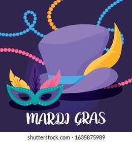 Mardi gras mask and hat with necklaces design, Party carnival decoration celebration festival holiday fun new orleans and traditional theme Vector illustration
