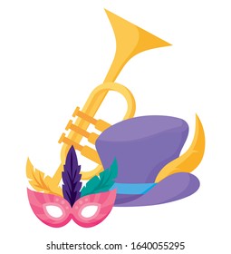 Mardi Gras mask hat and trumpet design. Party carnival decoration celebration festival holiday fun New Orleans and traditional theme. Vector illustration.