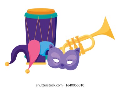 Mardi Gras mask hat trumpet and drum design, Party carnival decoration celebration festival holiday fun new Orleans and traditional theme. Vector illustration.