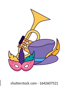 Mardi gras mask hat and trumpet design, Party carnival decoration celebration festival holiday fun new orleans and traditional theme Vector illustration