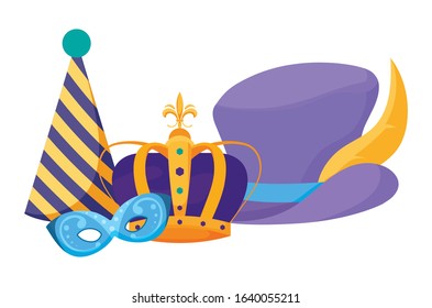 Mardi Gras mask hats and crown design. Party carnival decoration celebration festival holiday fun New Orleans and traditional theme .Vector illustration.