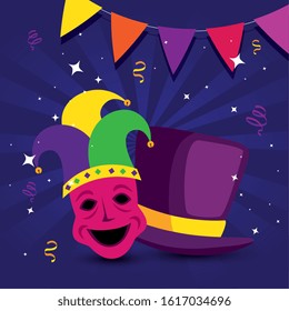 Mardi gras mask and hats design, Party carnival decoration celebration festival holiday fun new orleans and traditional theme Vector illustration