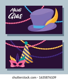 Mardi gras mask and hats with necklaces design, Party carnival decoration celebration festival holiday fun new orleans and traditional theme Vector illustration