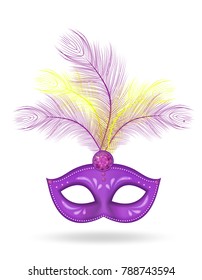 Mardi Gras Mask icon, realistic 3d style. Mask with feathers isolated on white background. Fat Tuesday concept. Vector illustration