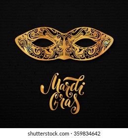 Mardi gras mask illustration. Vector golden type at black paper background. Masquerade invitation design