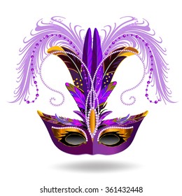 Mardi Gras mask isolated on white. Purple carnival mask decorated with a plume of feathers.