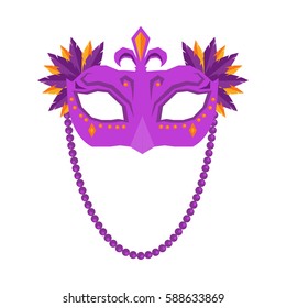 Mardi Gras mask isolated on white background. Carnival poster with masque with colored feathers illustration. Big festival promotion logotype. Vector illustration of advertisement sign board in flat