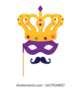 Mardi gras mask mustache and crown design, Party carnival decoration celebration festival holiday fun new orleans and traditional theme Vector illustration