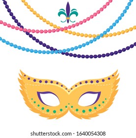 Mardi Gras mask and necklaces design. Party carnival decoration celebration festival holiday fun New Orleans and traditional theme. Vector illustration.