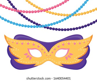Mardi Gras mask and necklaces design. Party carnival decoration celebration festival holiday fun new Orleans and traditional theme. Vector illustration.