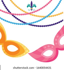 Mardi Gras mask and necklaces design. Party carnival decoration celebration festival holiday fun New Orleans and traditional theme. Vector illustration.