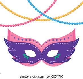 Mardi Gras mask and necklaces design. Party carnival decoration celebration festival holiday fun New Orleans and traditional theme. Vector illustration.