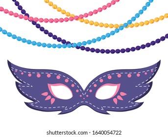 Mardi Gras mask and necklaces design. Party carnival decoration celebration festival holiday fun New Orleans and traditional theme. Vector illustration.