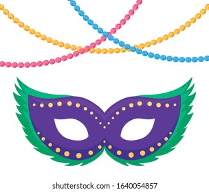 Mardi Gras mask and necklaces design. Party carnival decoration celebration festival holiday fun New Orleans and traditional theme. Vector illustration.