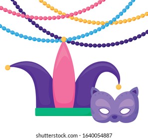 Mardi Gras mask and necklaces design with hat. Party carnival decoration celebration festival holiday fun New Orleans and traditional theme. Vector illustration.